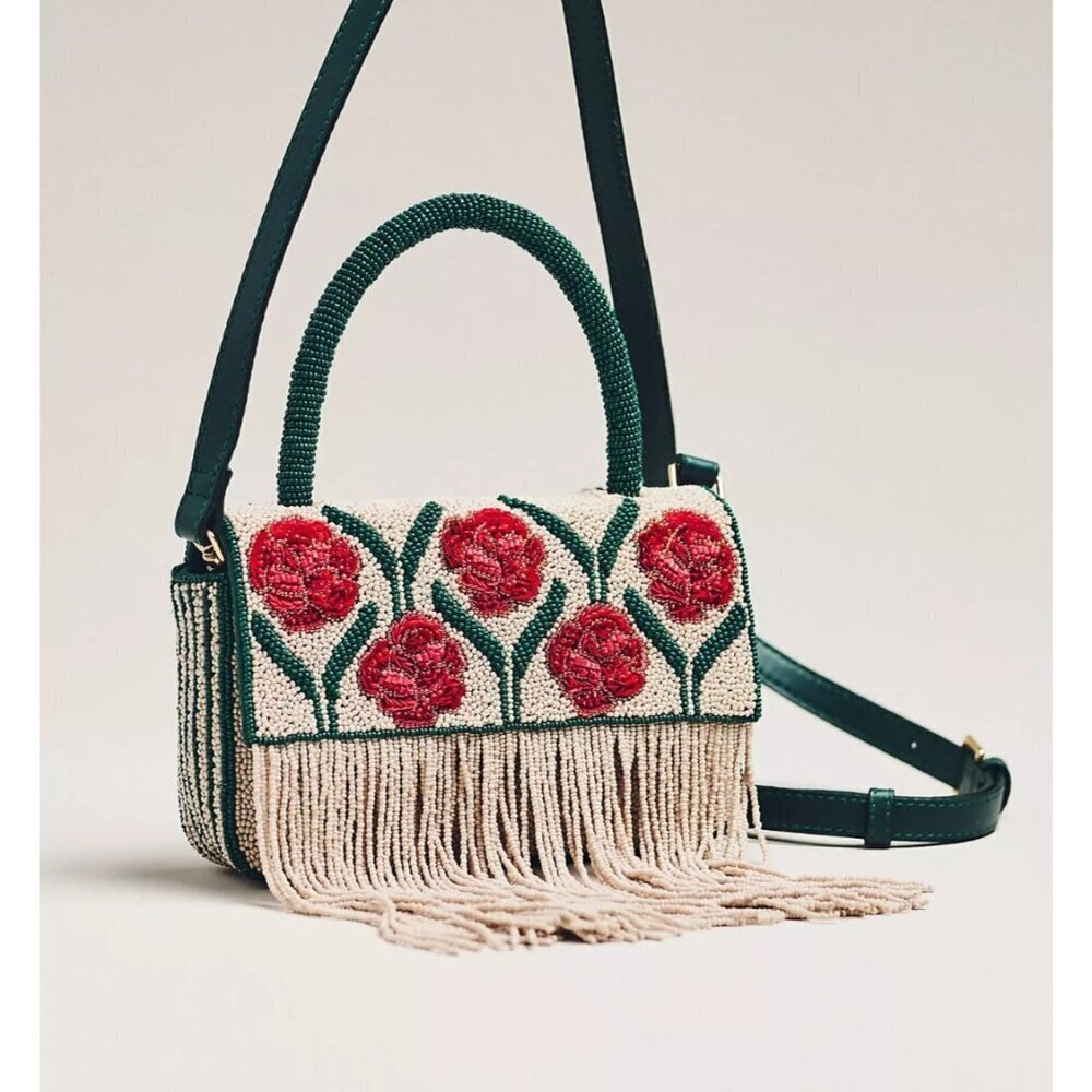Anthropologie Beaded Fringe Floral Top-Handle Bag